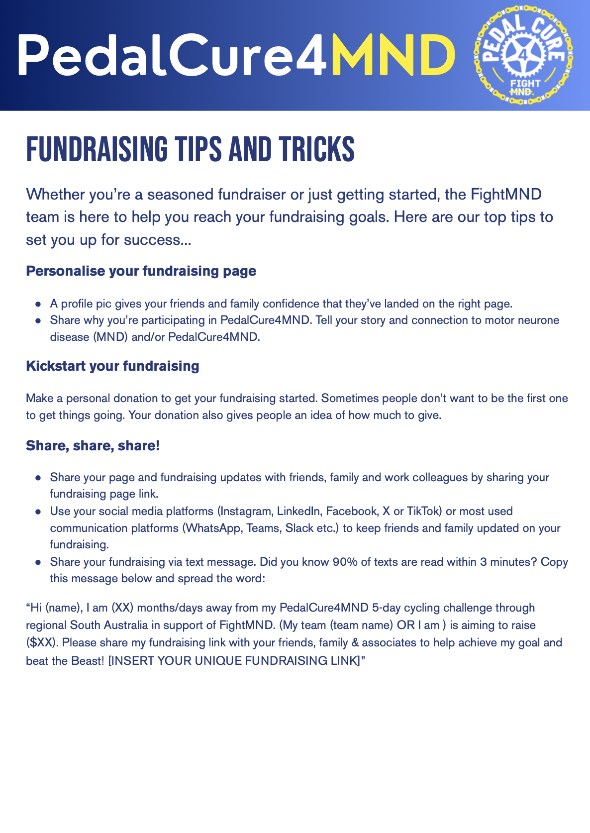 PedalCure4MND 2026 Fundraising Tips & Tricks